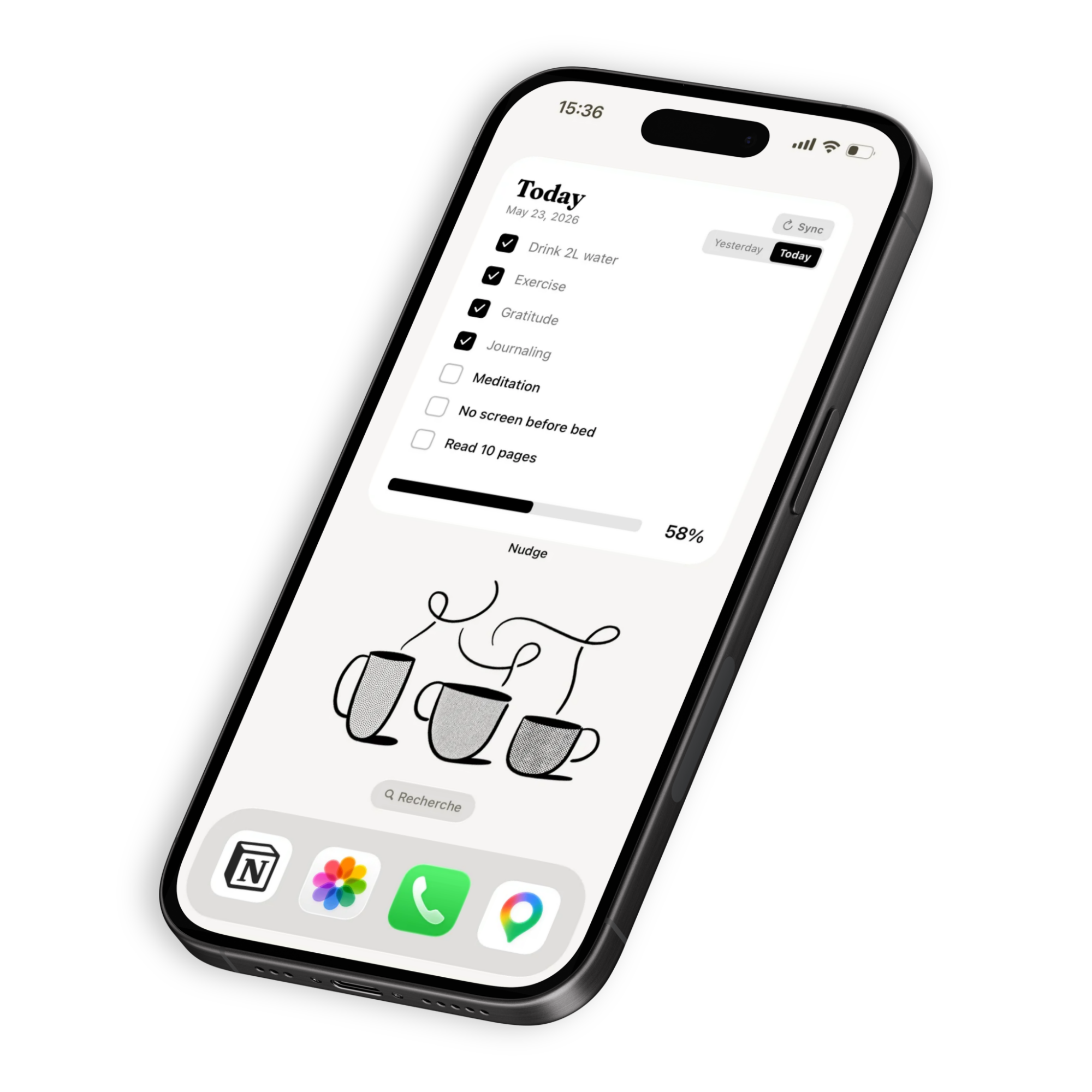 Nudge iOS app — Notion habit tracker widget on iPhone home screen